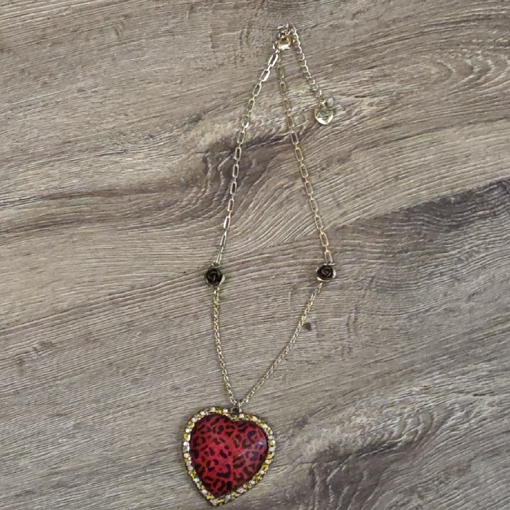 Older BETSY JOHNSON Heart Leopard Print Pendant Necklace